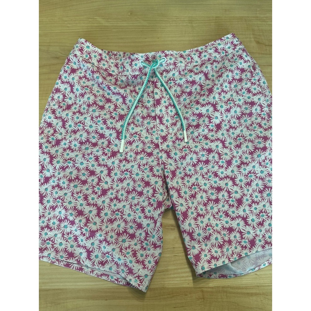 Johnnie-O Daisy Floral Swim Trunks Mens Large Pink Teal Elastic Waist Mesh Lined